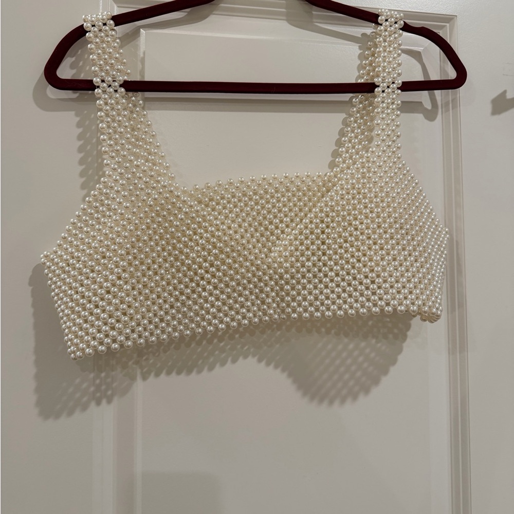 Pearl Beaded Crop Tank Top - Cream